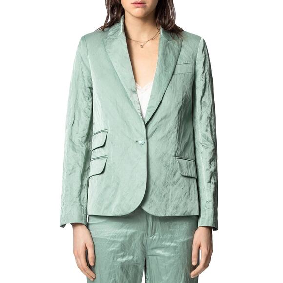 Zadig & Voltaire Victor Lined Single-Breasted Satin Blazer Green 36 - Picture 1 of 12